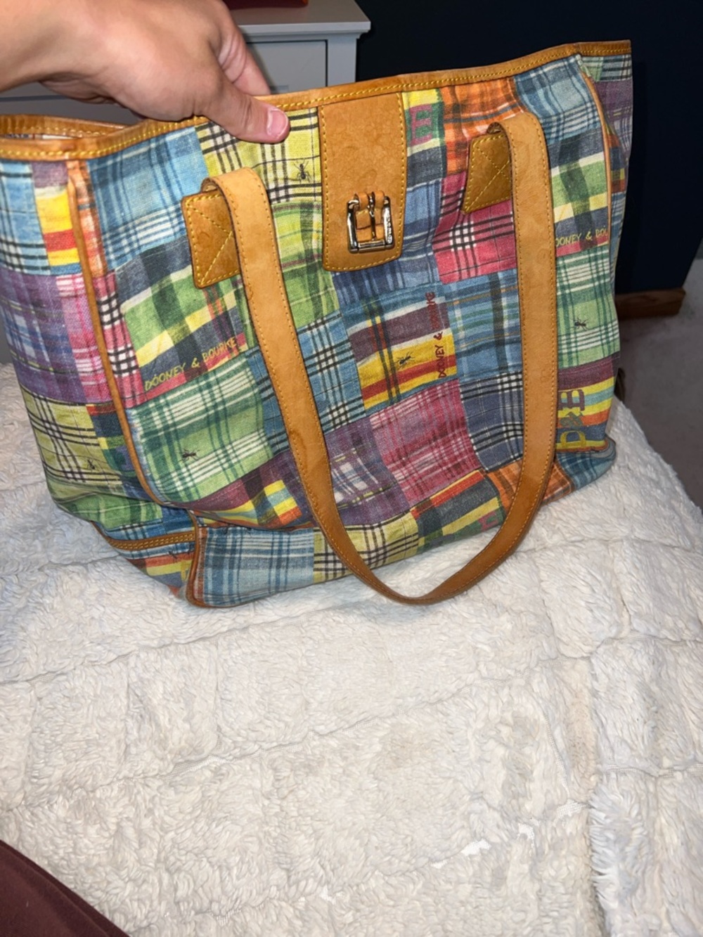 Dooney & Bourke Patchwork Plaid Tote with Tan Leather Handles